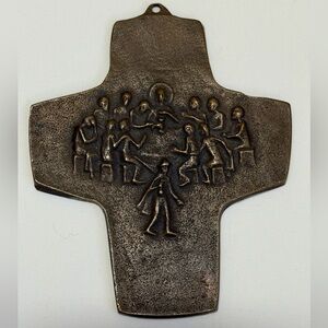 Antique-Style Bronze Cross Wall Plaque Last Supper German 1960s,